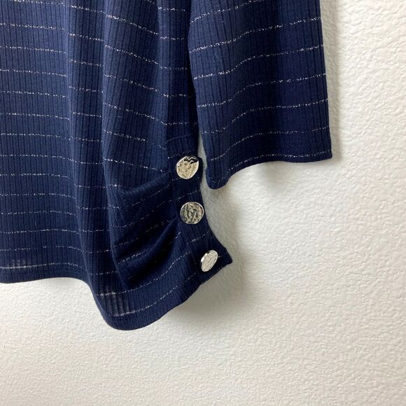89th and Madison Women's Shirt Size XL Navy with Silver Metallic Stipes Buttons - Picture 2 of 5